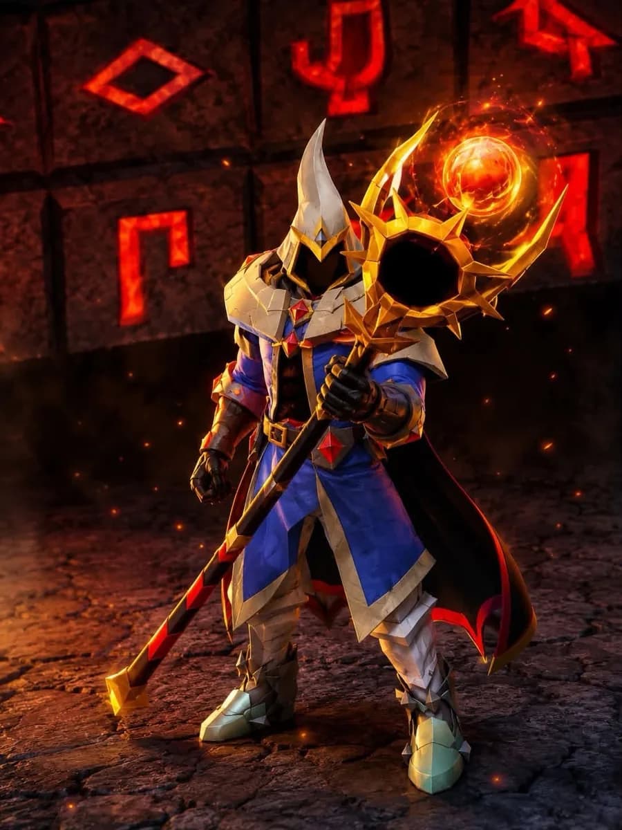 An armoured staff wielder in blue robes before glowing red runes