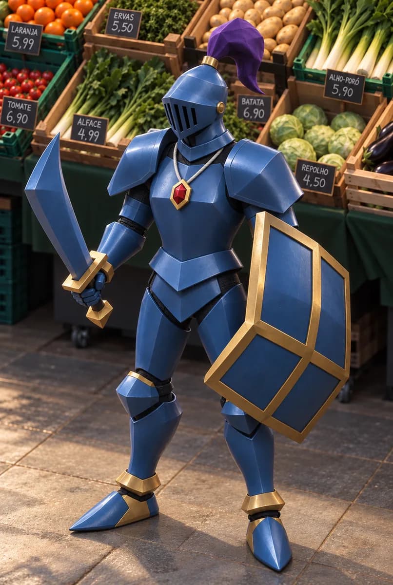 A blue-armoured knight at a market