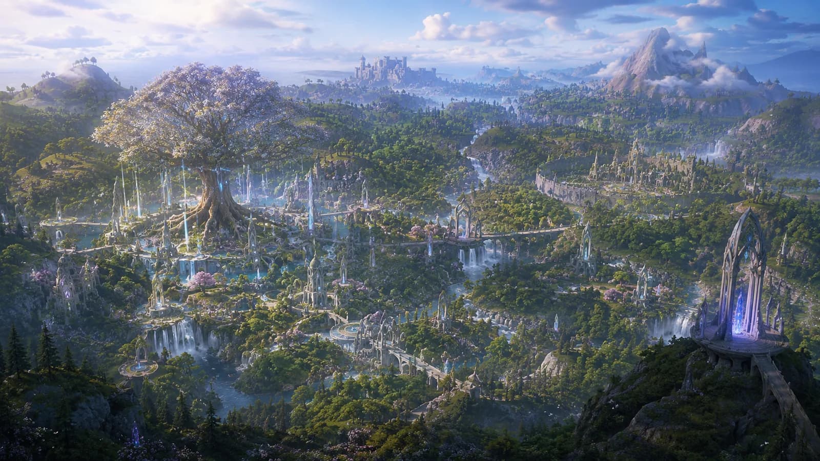 Elunareth, a luminous tree above white spires, bridges and forest waterfalls