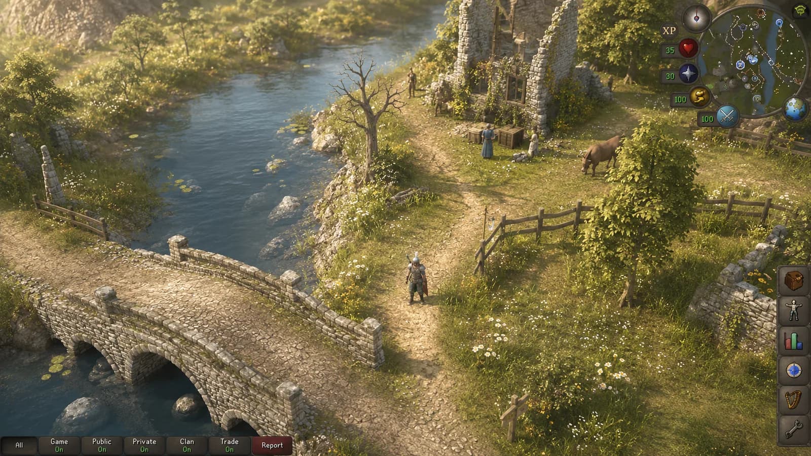 An adventurer beside a river, stone bridge and village