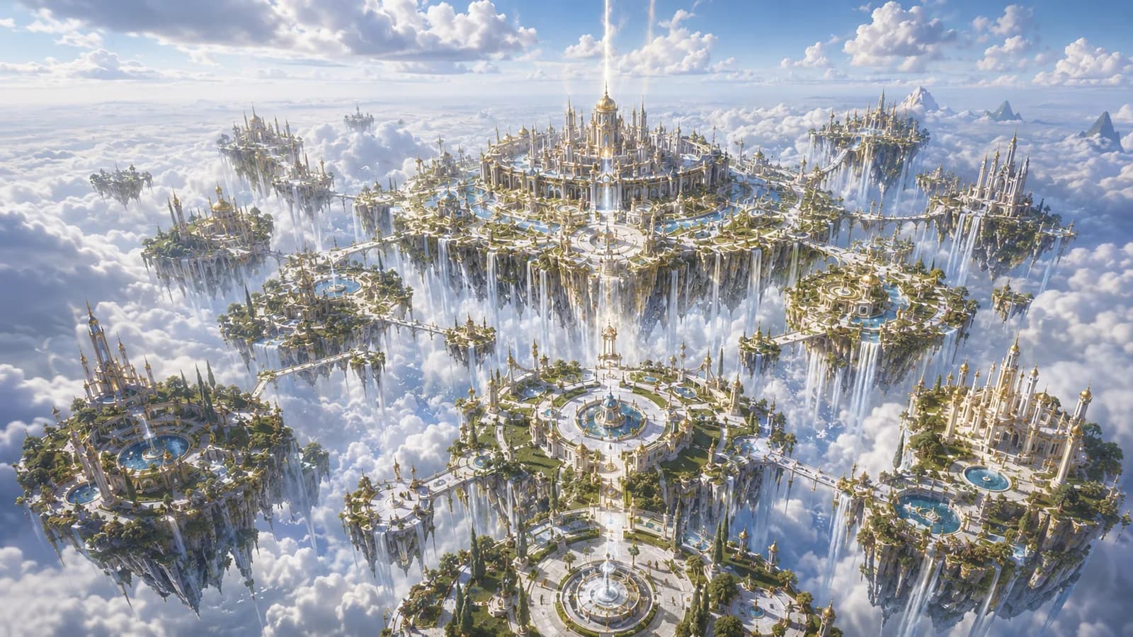 Golden towers, gardens and bridges on floating islands above the clouds