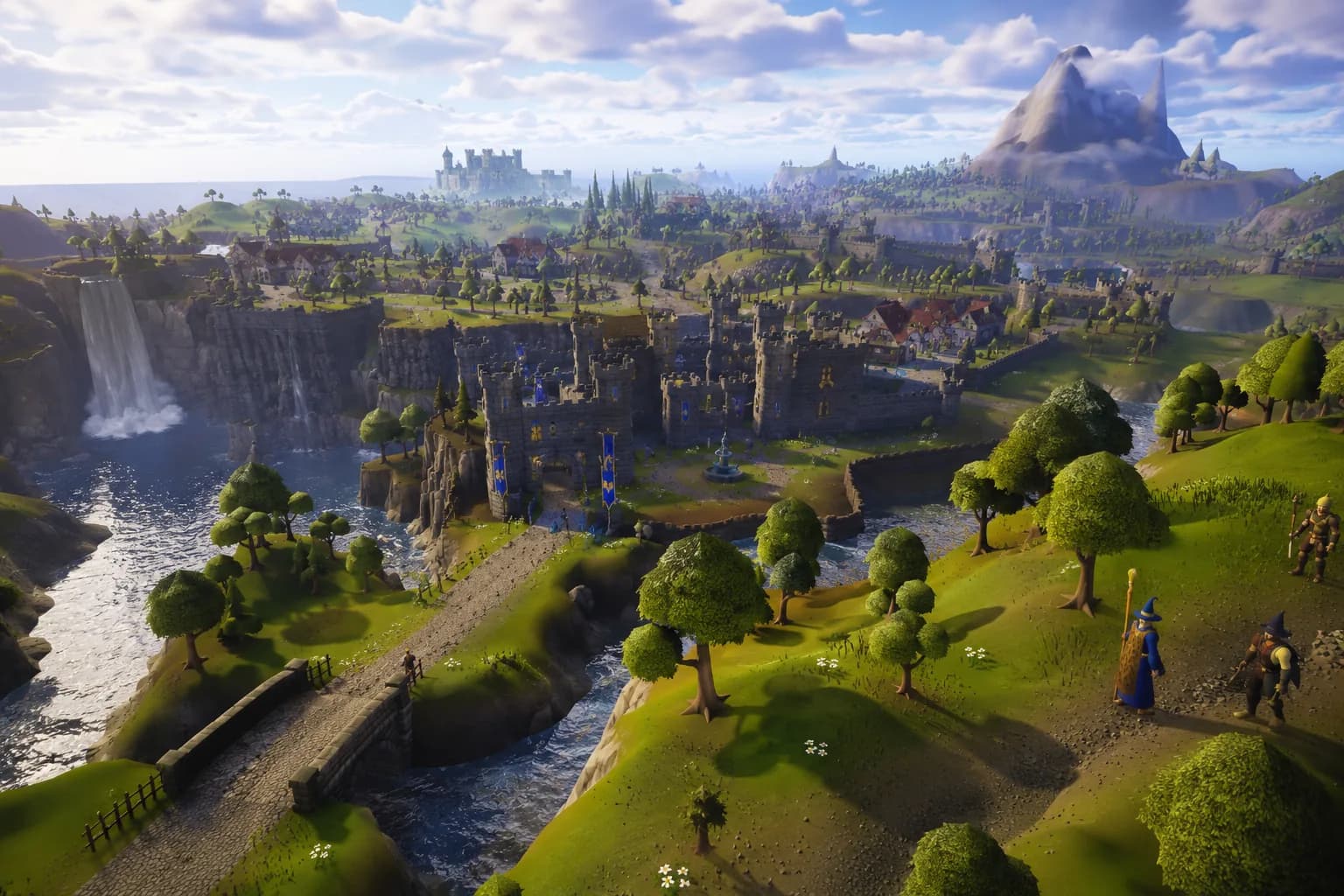 A castle town above a river and waterfalls
