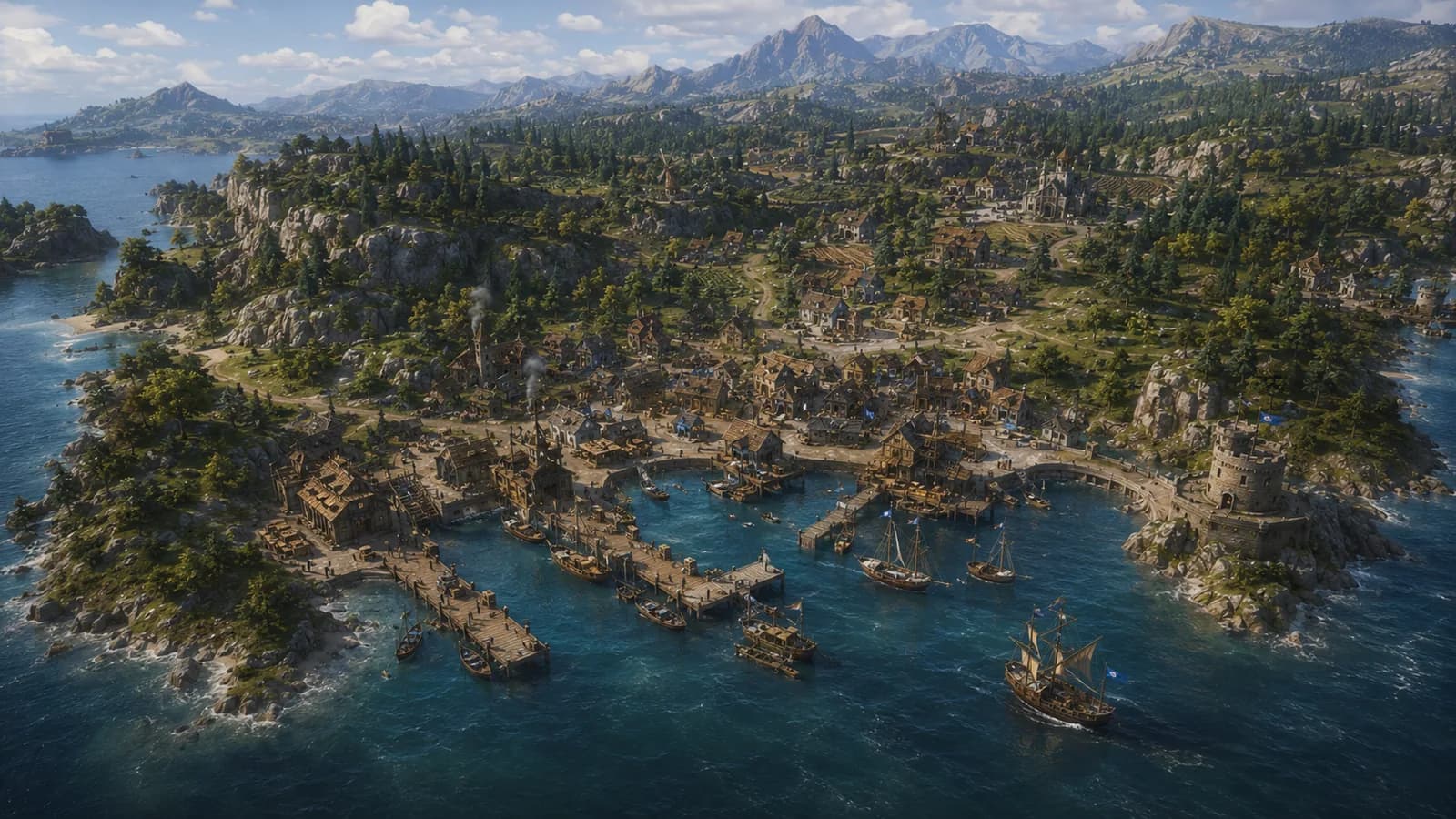 Keldoria, a coastal town with sailing ships, stone bridges and mountains