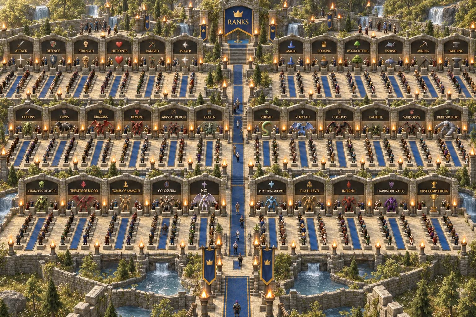 Overview of a terraced ranks world with rows of statues, stone monuments and blue banners