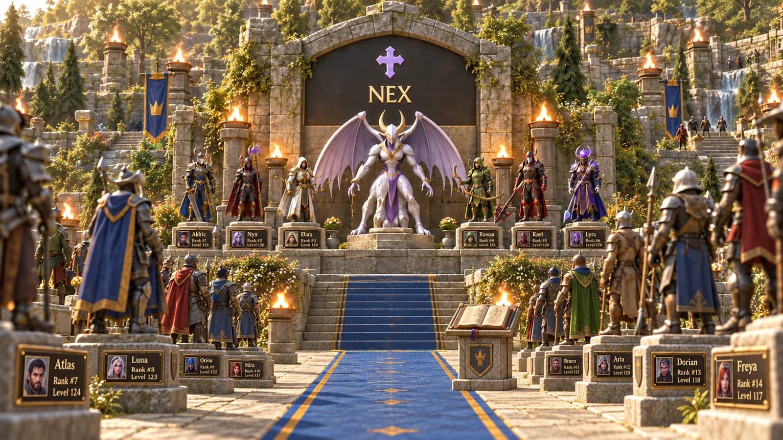 Ground-level view of adventurer statues and ranking plaques in the ranks world