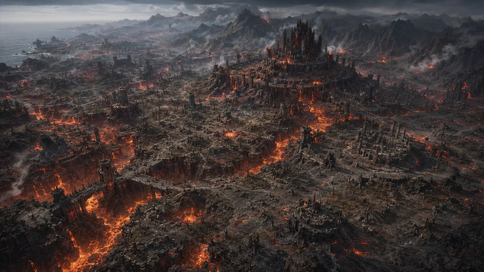A dark fortress and ruined settlements surrounded by lava rivers and volcanic mountains