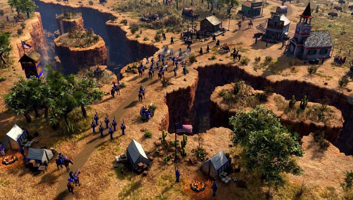 Zardamank, a frontier settlement with cavalry, wagons and tents among desert canyons